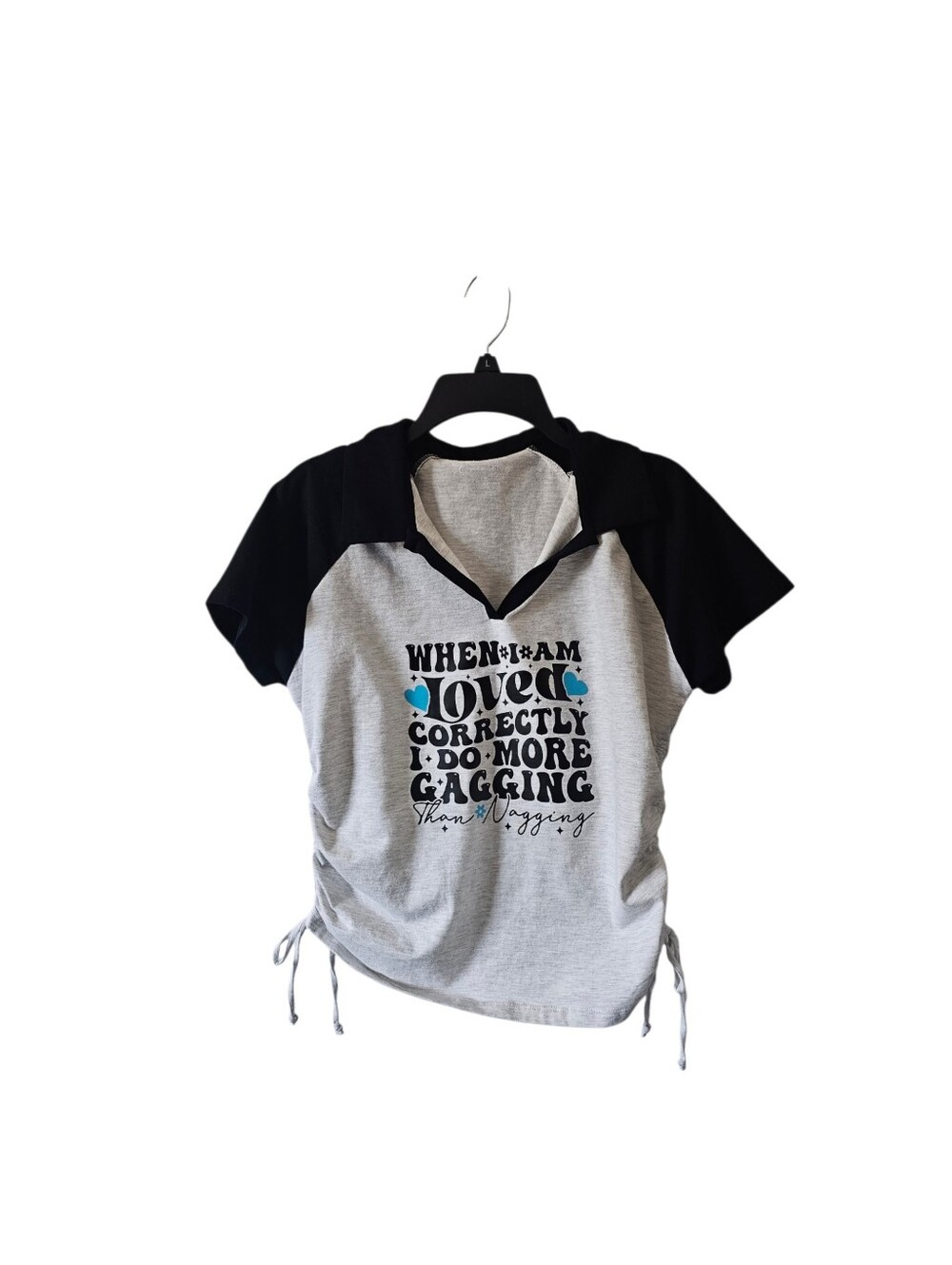 Queen Bees Juniors XL Crop Top Graphic Polo Shirt Drawstring Raglan Y2K Edgy Tee